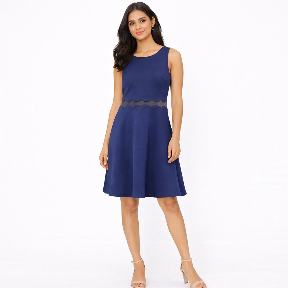 Annabella Blue Sleeveless Scalloped Mesh Fit Flare Dress S